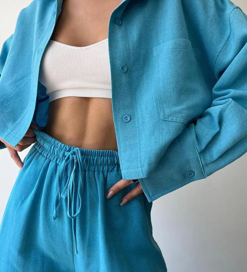 Set de pantaloni din două piese cu guler și șnur, casual