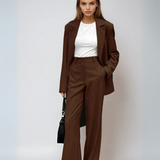 Retro Mocha Color Blazer and Wide-Leg Trousers