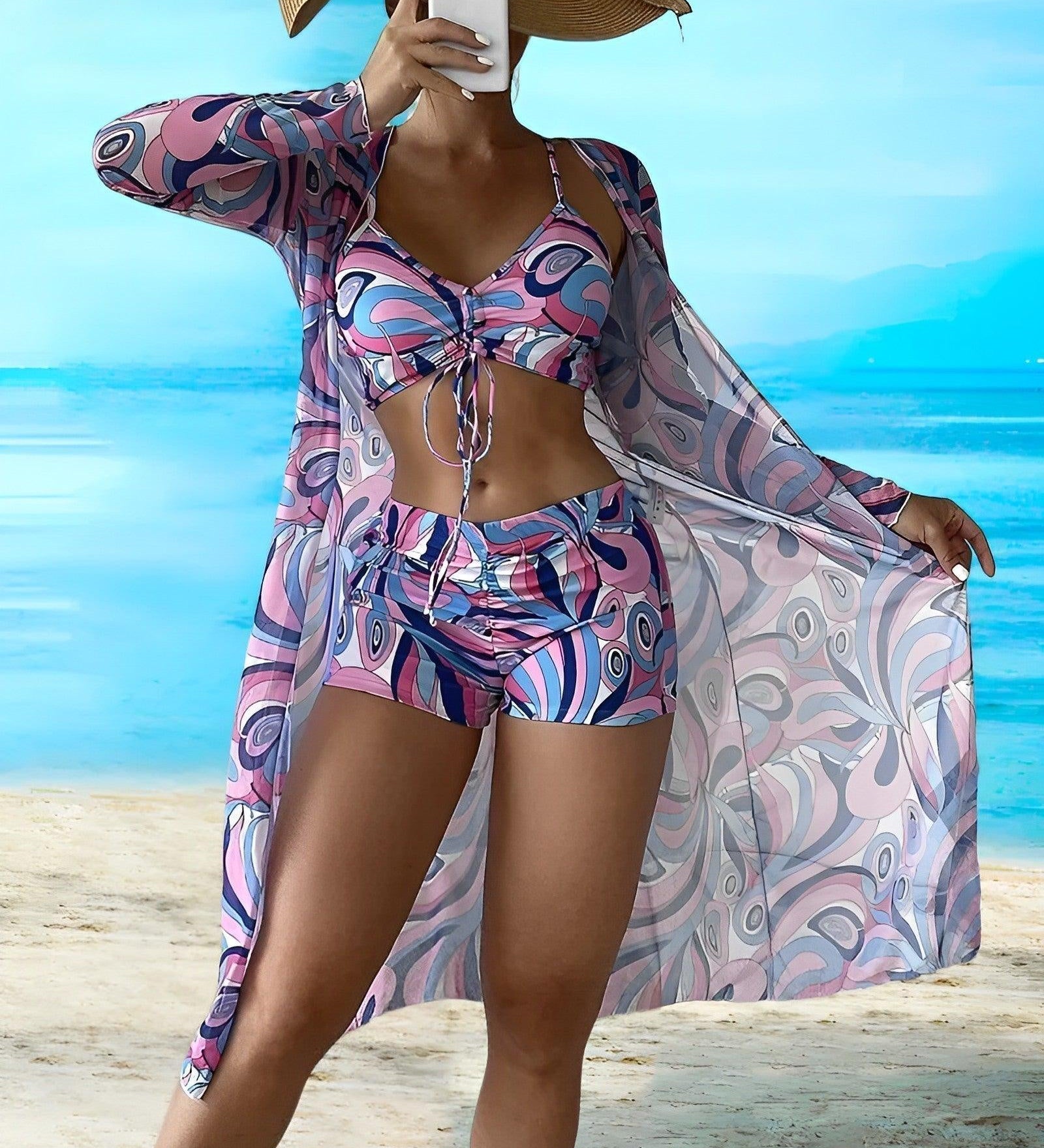 Denisa – Set bikini 3 piese cu imprimeu spiralat