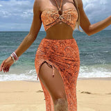 Dorina – Boho bikinų komplektas su juostele ir paplūdimio sijonu