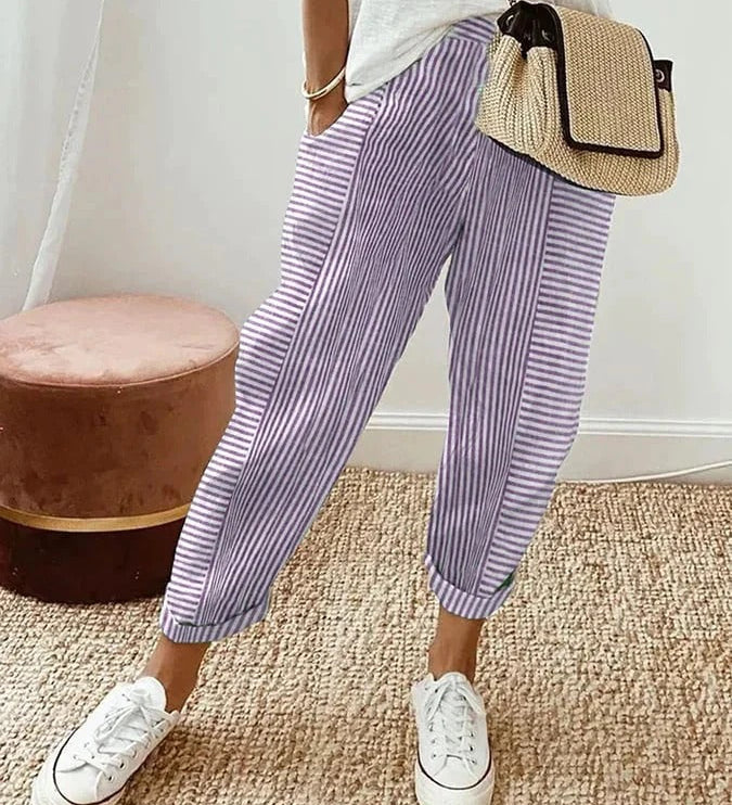 Celia | Pantaloni din Bumbac Rayat Clasic